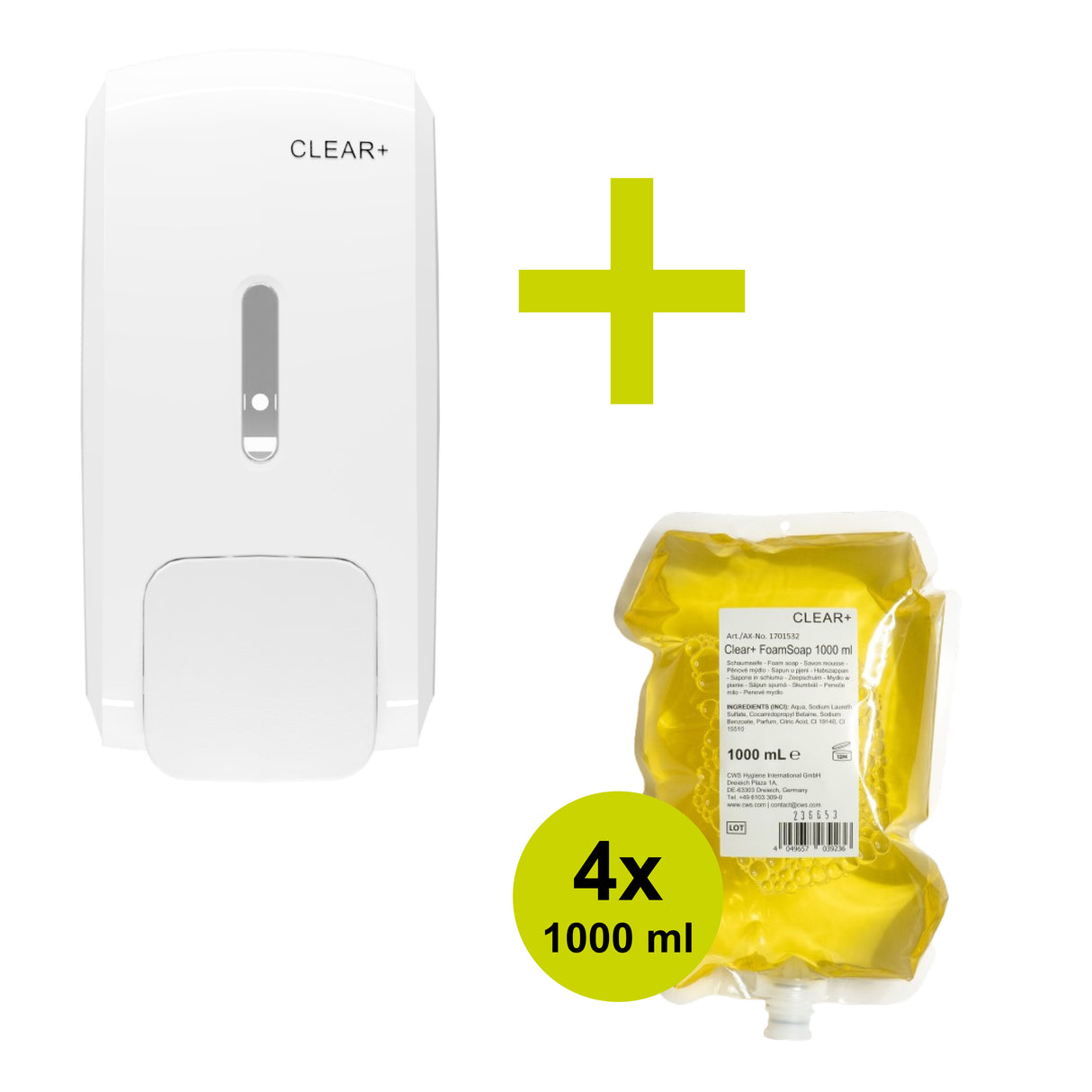 CLEAR+ Aktionsset Schaumseife | Seifenspender & 4x Schaumseife (je 1.000 ml)