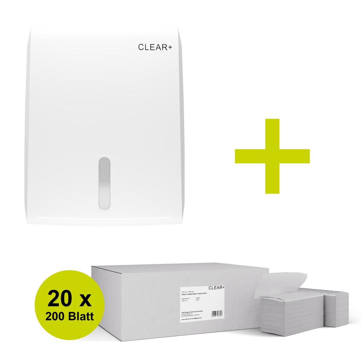 CLEAR+ Aktionsset Papierhandtuch | Falthandtuchspender & Faltpapier (4.000 Blatt)