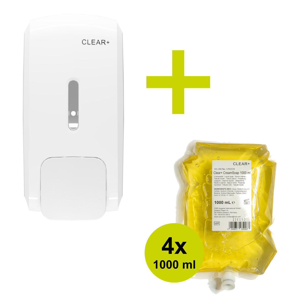 CLEAR+ Aktionsset Cremeseife | Seifenspender & 4x Cremeseife (je 1.000 ml)