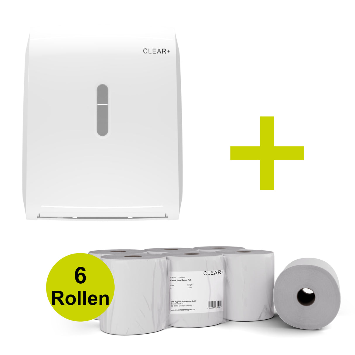 CLEAR+ Aktionsset Handtuchrolle| Handtuchrollen-Spender & 6x Handtuchrollen 2-lagig 220 m