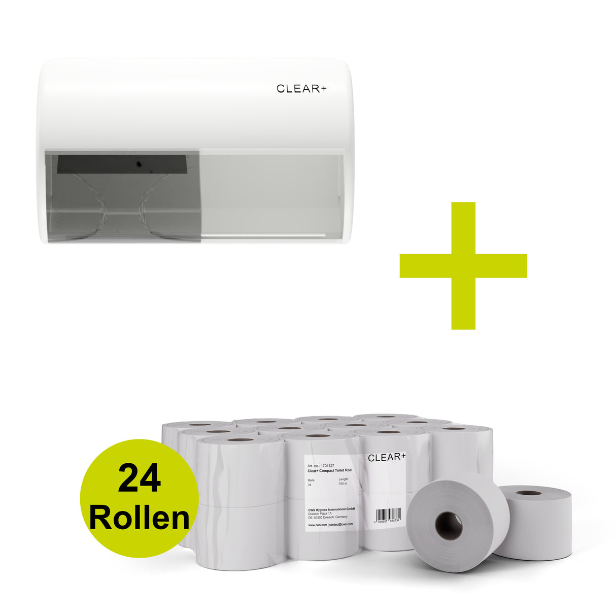 CLEAR+ Aktionsset Toilettenpapier „Kompakt“ | Toilettenpapierspender & 24x Toilettenpapier Kompakt-Rollen 2-lagig