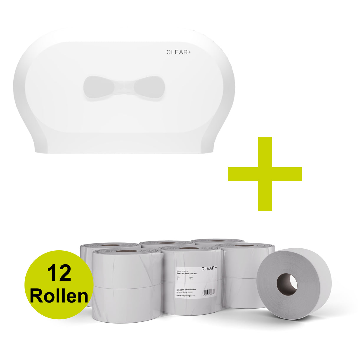 CLEAR+ Aktionsset Toilettenpapier „Duo“ | Toilettenpapierspender & 12x Toilettenpapier Mini Jumbo-Rollen 175 m, 2-lagig